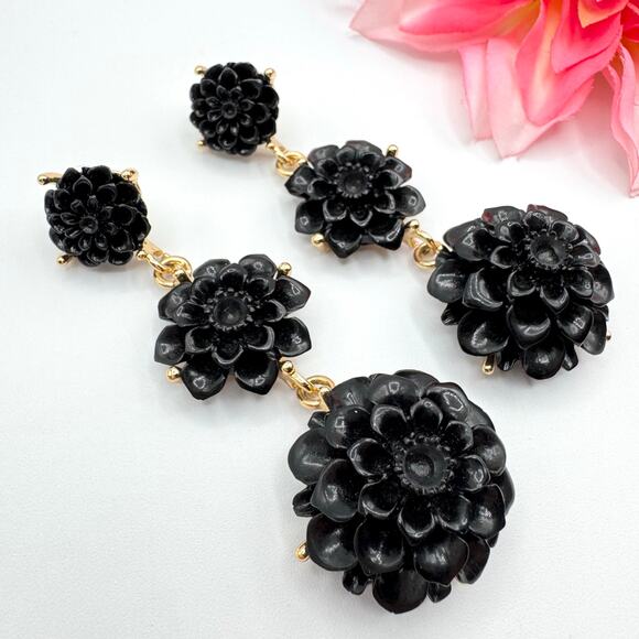 Rare Kenneth Jay Lane Black Resin Flower Drop Earrings Duster Statement Floral - Picture 1 of 14